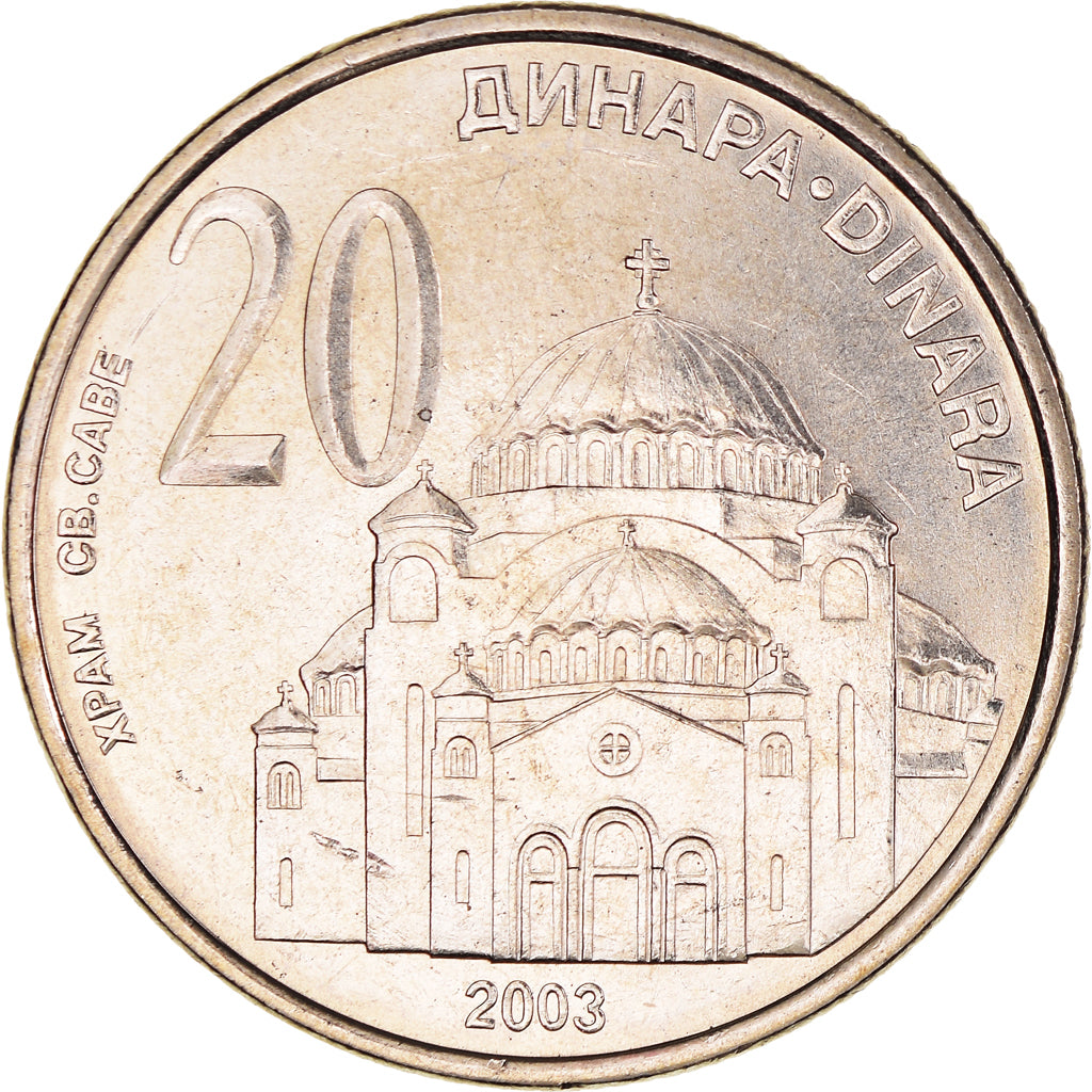 Coin, Serbia, 20 Dinara, 2003, MS(63), Copper-Nickel-Zinc, KM:38