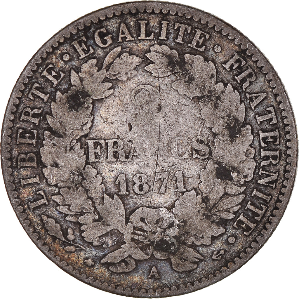 Munten, Frankrijk, Cérès, 2 Francs, 1871, Paris, ZG+, Zilver, KM:817.1