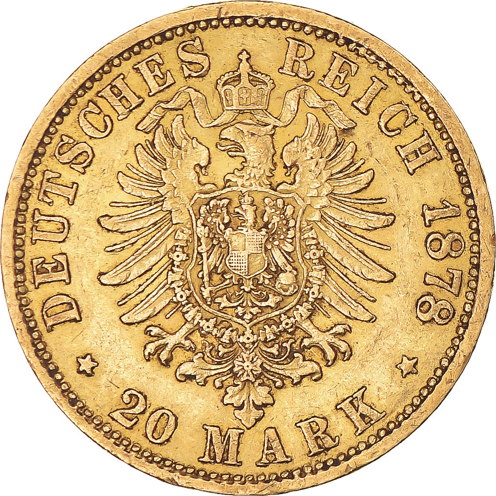Moneda, Estados alemanes, HAMBURG, 20 Mark, 1878, Hamburg, MBC+, Oro, KM:602