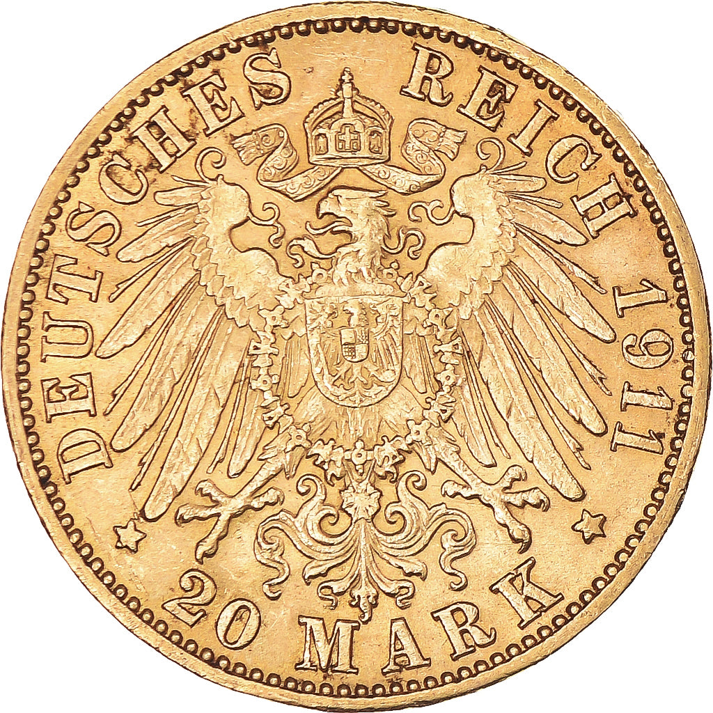 Coin, German States, BADEN, Friedrich II, 20 Mark, 1911, Stuttgart, AU(55-58)
