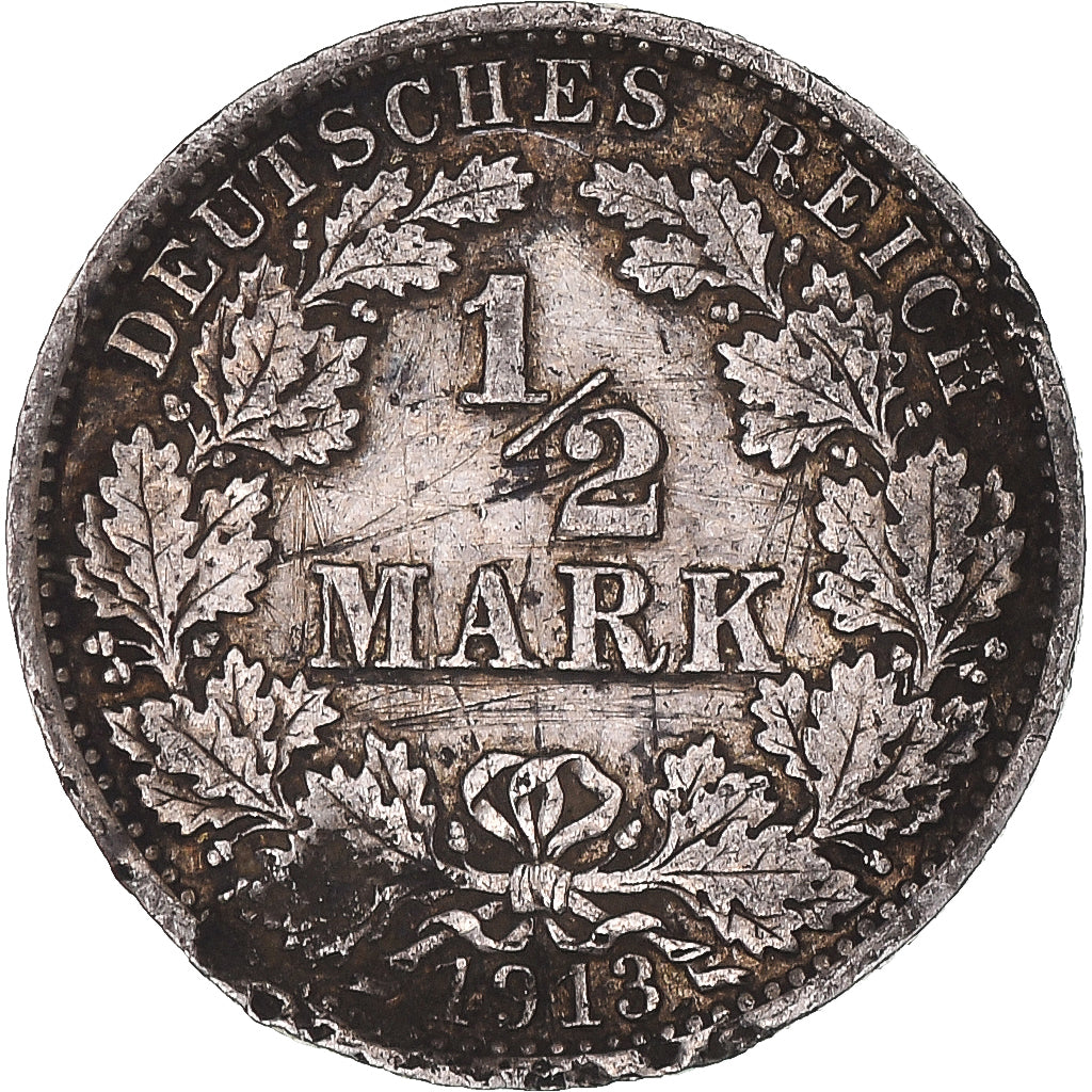 Coin, GERMANY - EMPIRE, 1/2 Mark, 1913, Berlin, VF(20-25), Silver, KM:17