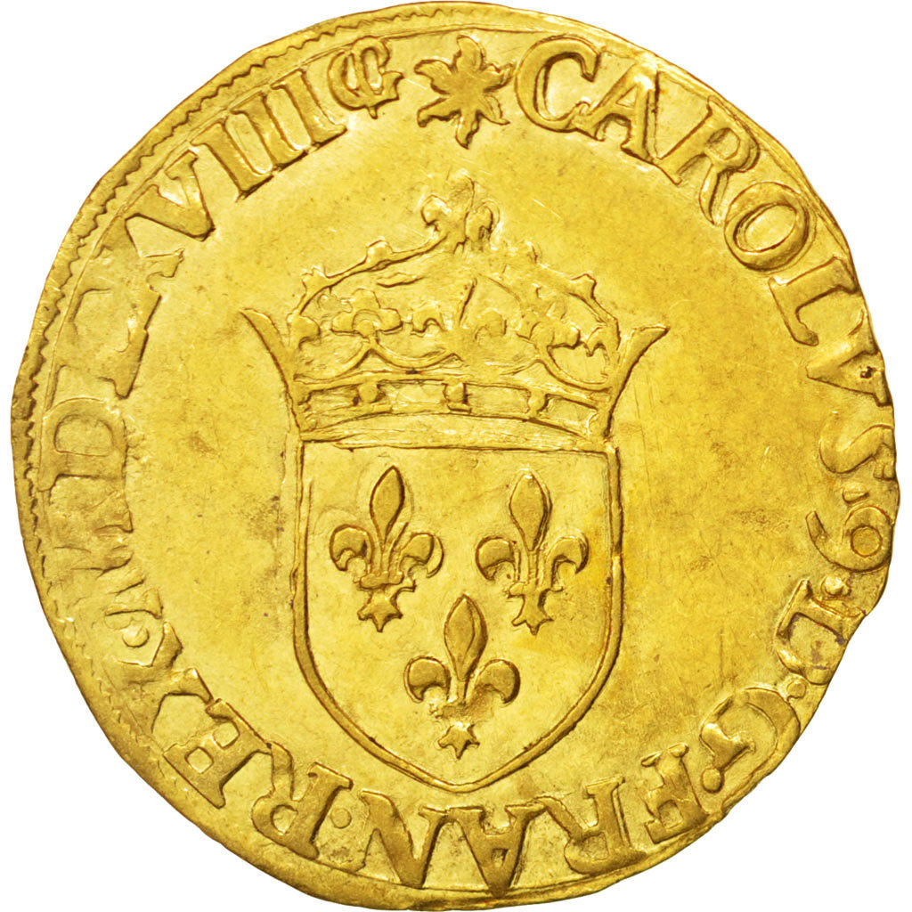 FRANCE, Ecu d'or, 1568, Aix en Provence, AU(55-58), Gold, Sombart #4904, 3.36