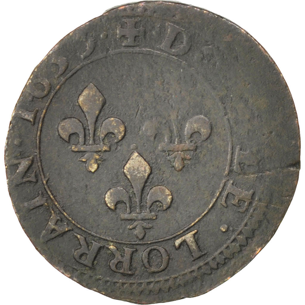 FRANCE, Double Lorrain, drapé tête nue, Double Lorrain, 1635, Stenay, KM #90, VF