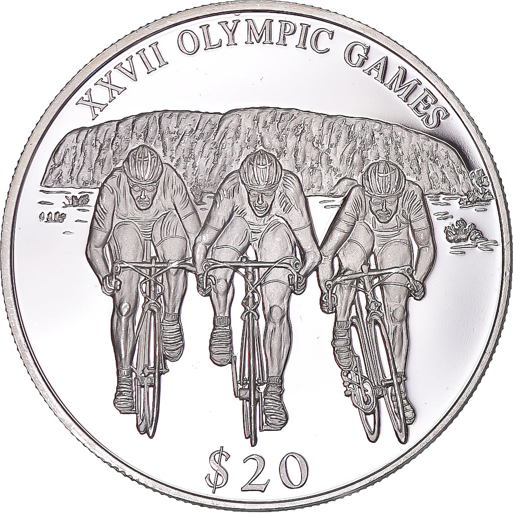 Munten, Liberia, Olympic Games, 20 Dollars, 2000, Three cyclists, UNC-, Zilver