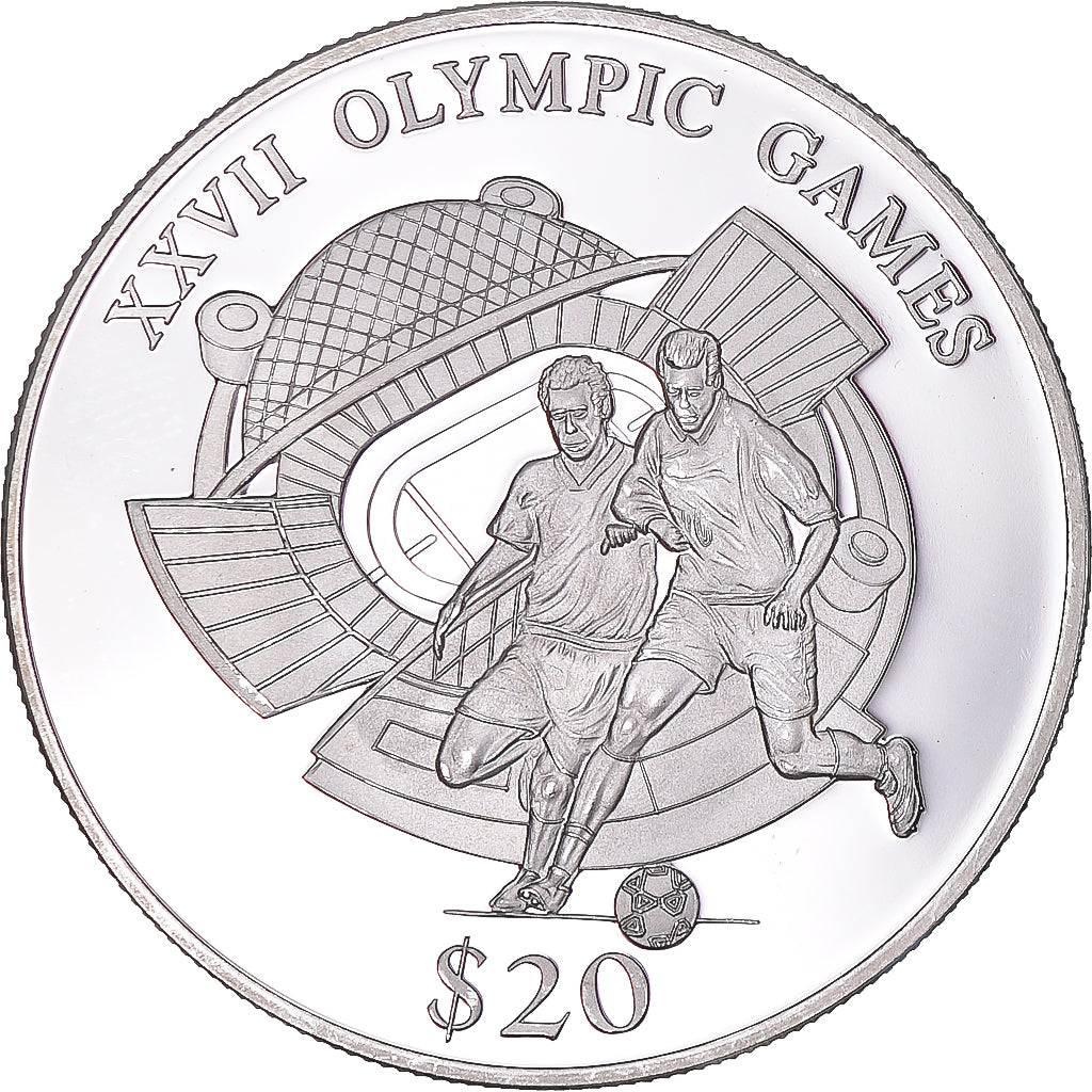 Moneda, Liberia, Olympic Games, 20 Dollars, 2000, Football, SC, Plata