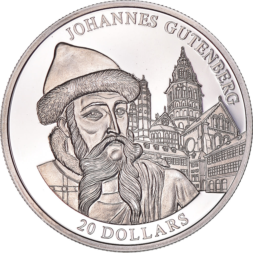 Münze, Liberia, 20 Dollars, 2004, Johannes Gutenberg, UNZ, Silber