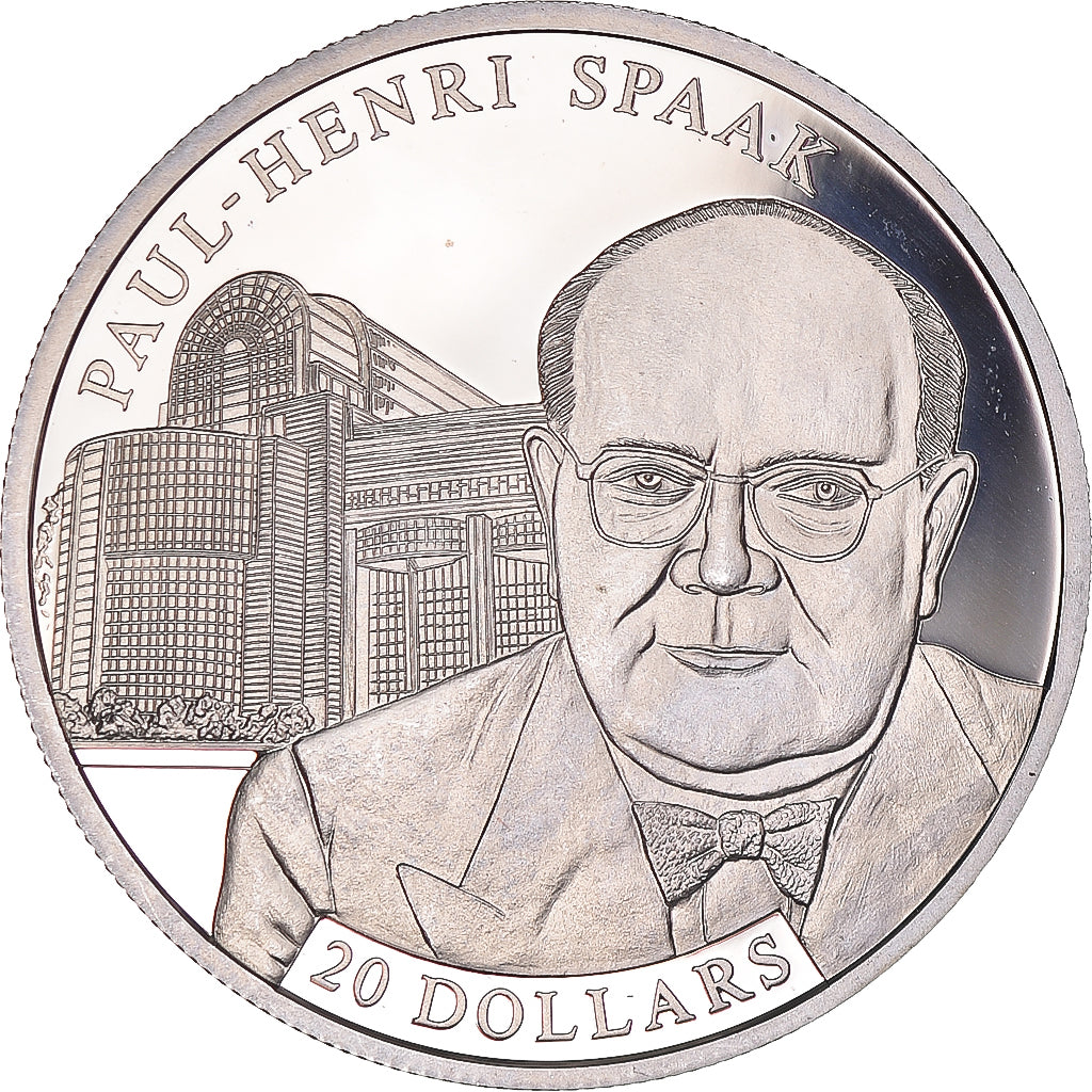 Coin, Liberia, 20 Dollars, 2002, Paul-Henri Spaak, MS(63), Silver