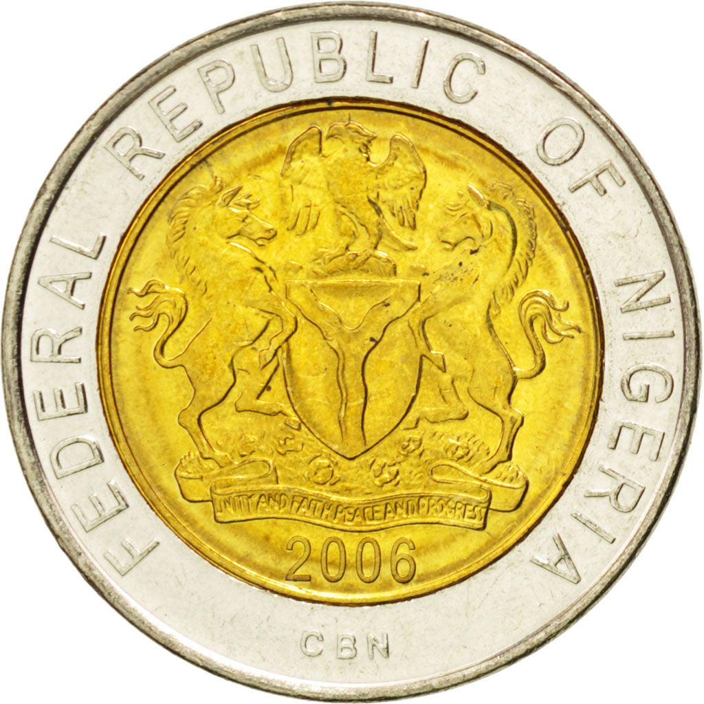 NIGERIA, Naira, 2006, KM #18, AU(55-58), Bi-Metallic, 21.48, 5.34