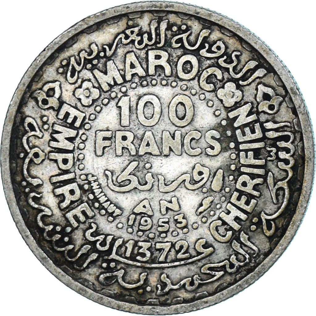 Moneta, Marocco, Mohammed V, 100 Francs, 1953, Paris, MB+, Argento, KM:52