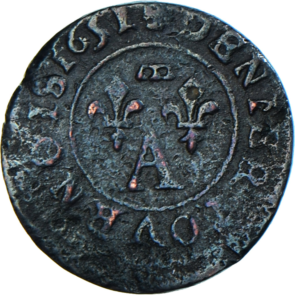 Münze, Frankreich, DOMBES, Gaston d'Orléans, Denier Tournois, 1651, Trévoux