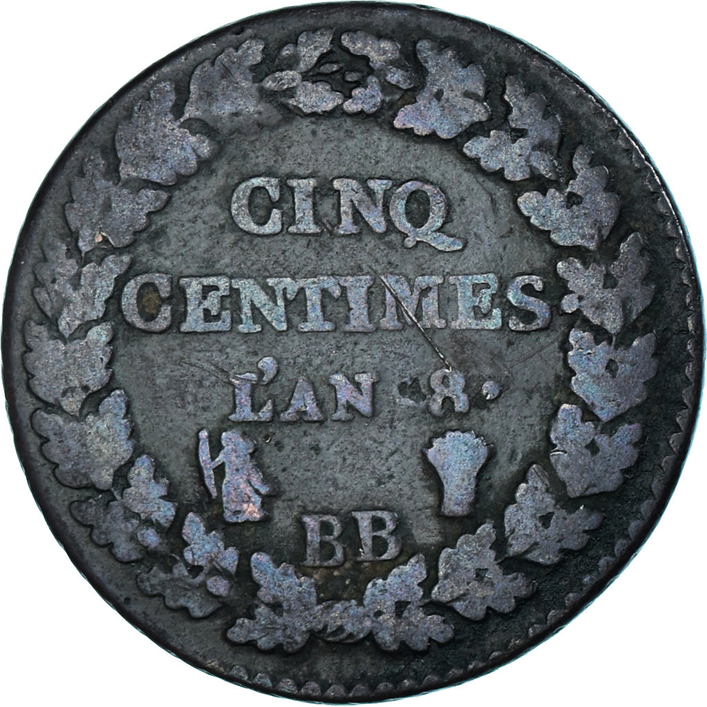 Moneta, Francja, Dupré, 5 Centimes, AN 8, Strasbourg, F(12-15), Brązowy