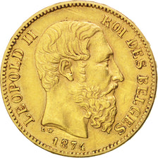Belgio, Leopold II, 20 Francs, 20 Frank, 1874, BB, Oro, KM:37