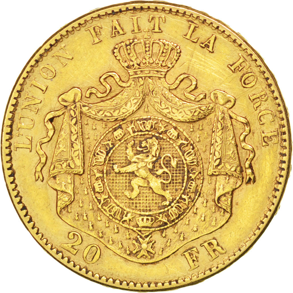 BELGIUM, 20 Francs, 20 Frank, 1874, KM #37, EF(40-45), Gold, 6.42