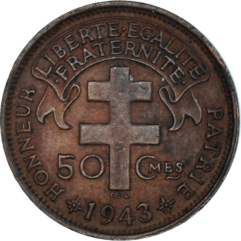 Moneda, África ecuatorial francesa, 50 Centimes, 1943, Pretoria, BC+, Bronce