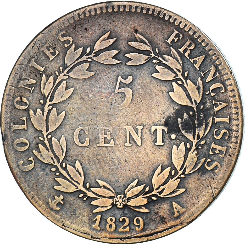 Monnaie, Colonies françaises, Charles X, 5 Centimes, 1829, Paris, TB+, Bronze