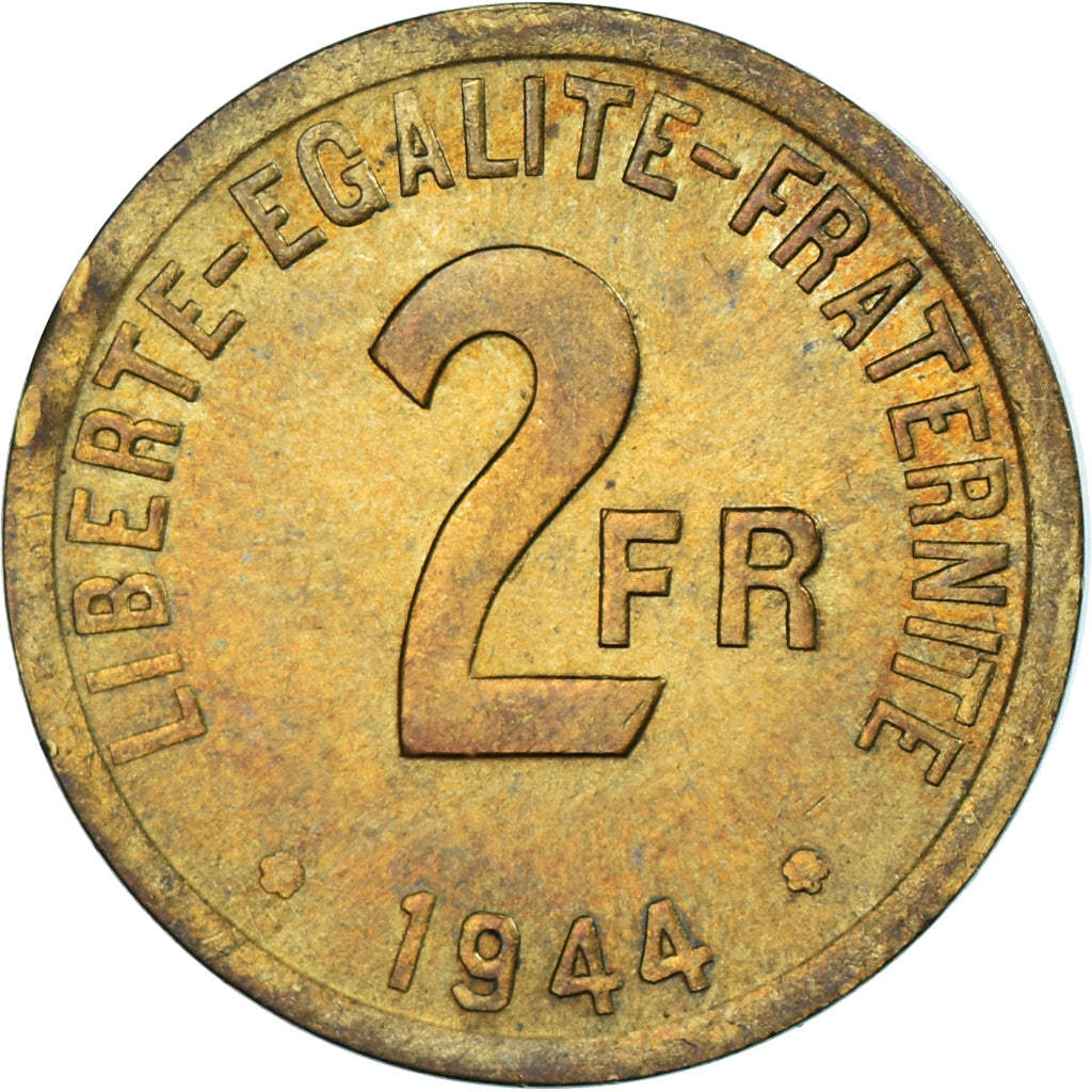 Coin, France, France Libre, 2 Francs, 1944, Philadelphia, AU(50-53), Brass