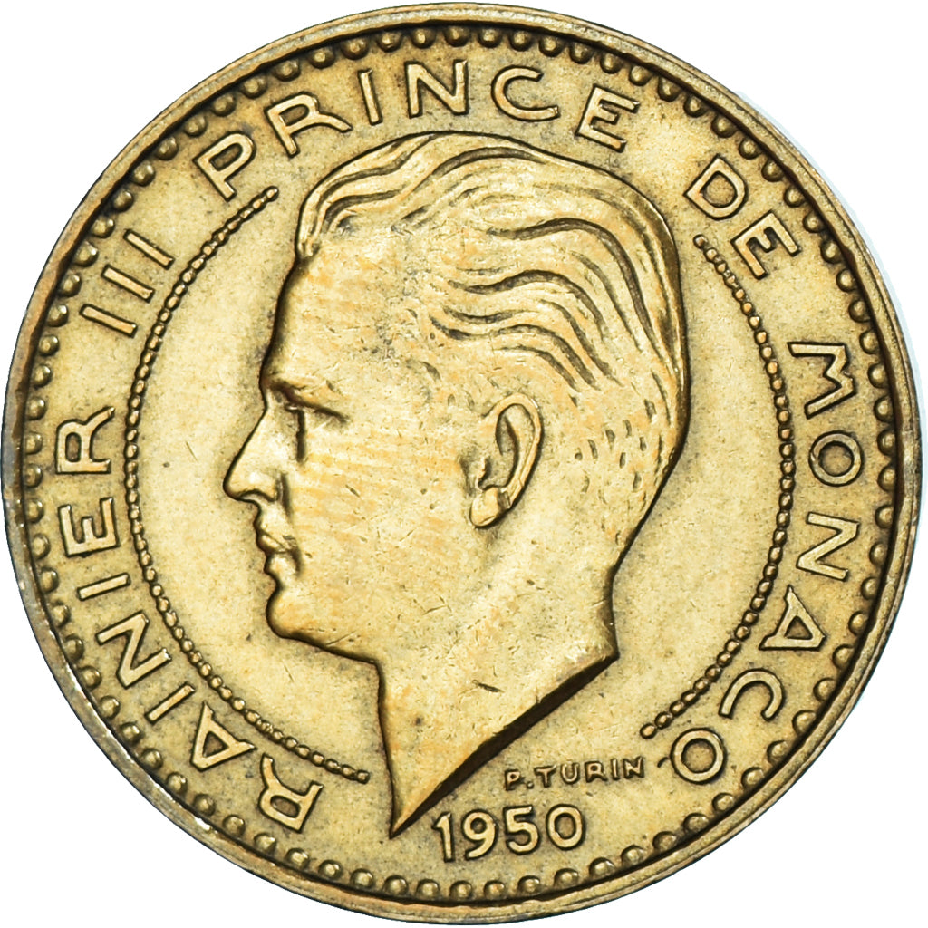 Coin, Monaco, Rainier III, 20 Francs, Vingt, 1950, EF(40-45), Aluminum-Bronze