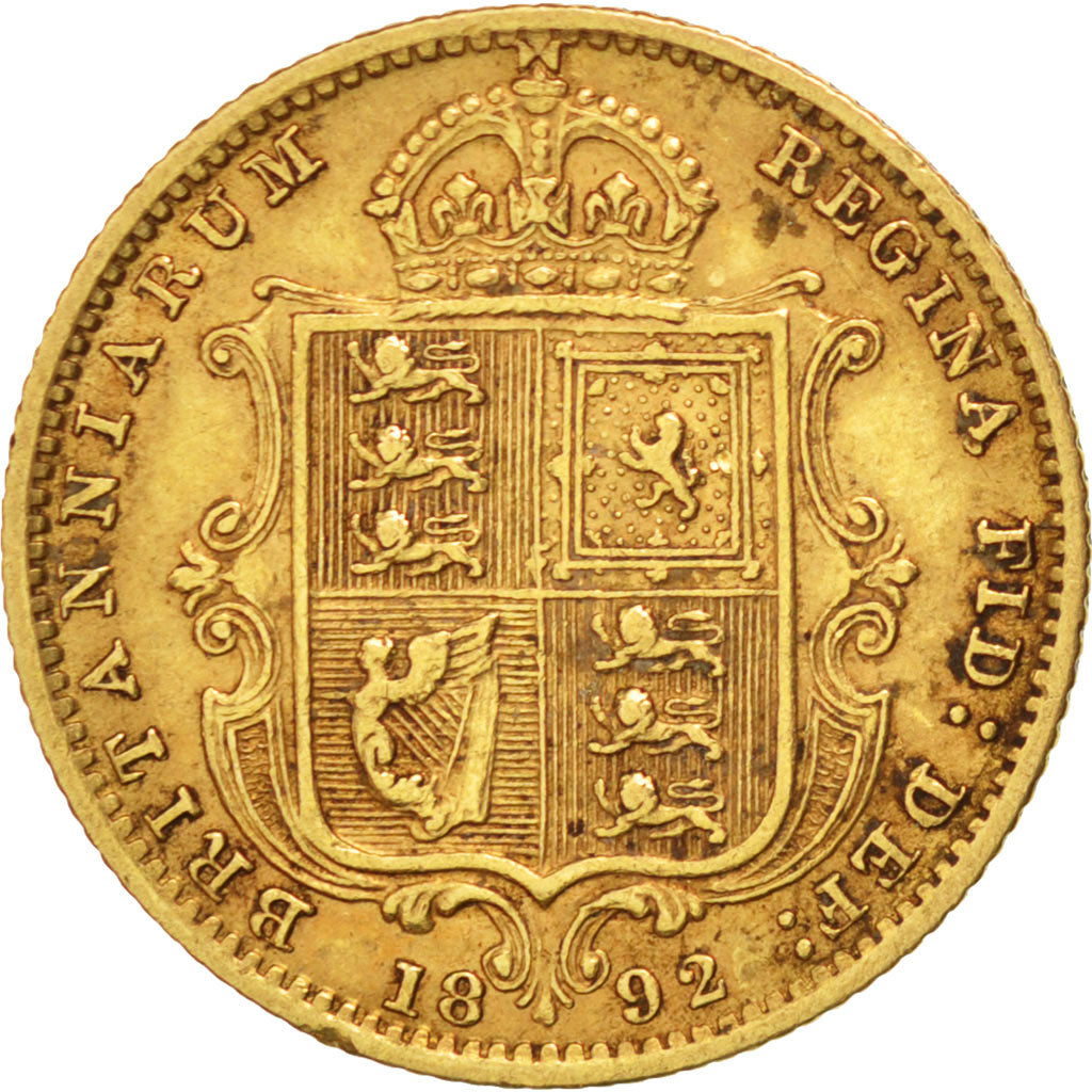 GREAT BRITAIN, 1/2 Sovereign, 1892, KM #766, AU(50-53), Gold, 3.96