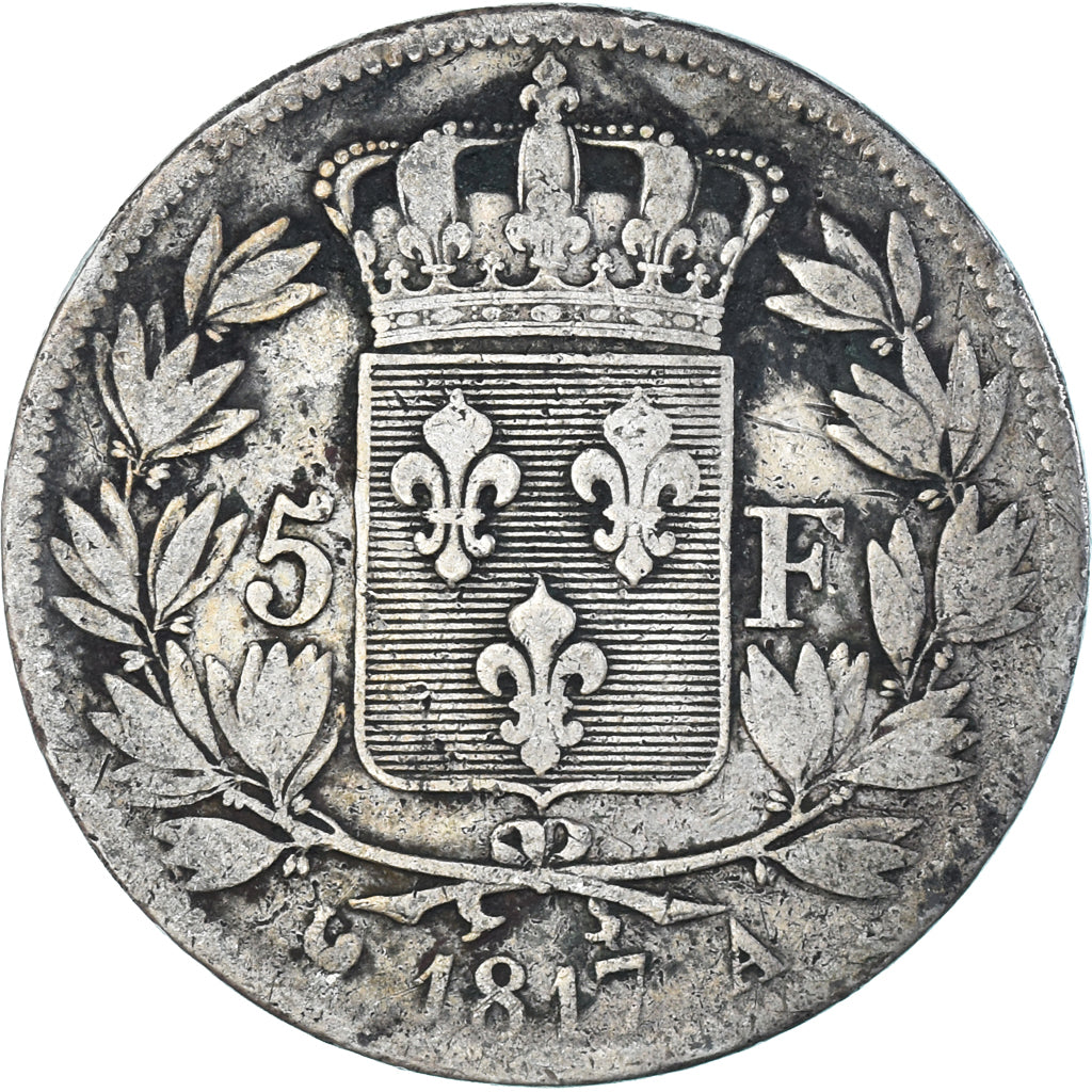 Moneda, Francia, Louis XVIII, Louis XVIII, 5 Francs, 1817, Paris, BC+, Plata