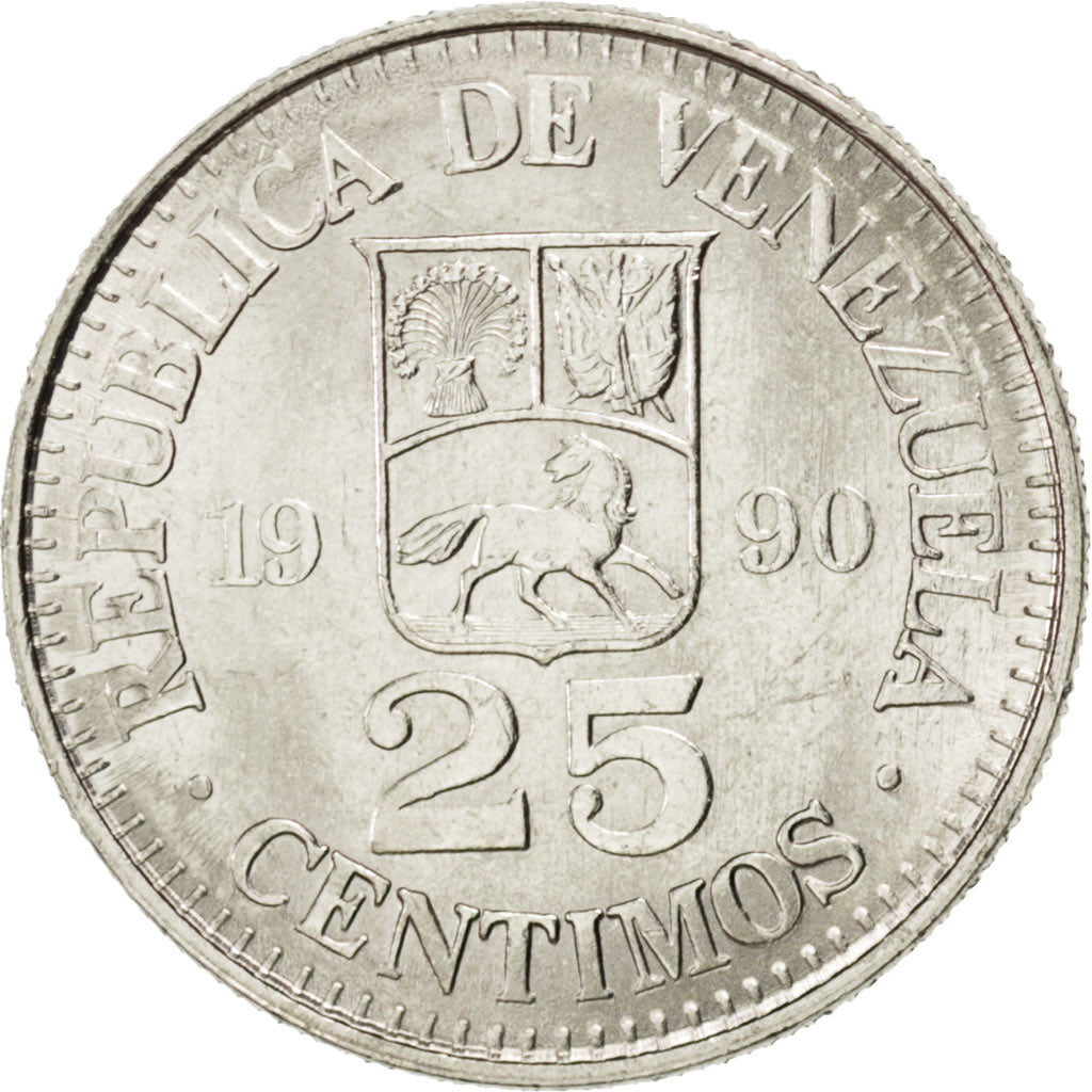 VENEZUELA, 25 Centimos, 1990, KM #50a, MS(63), Nickel Clad Steel, 16.06, 1.51