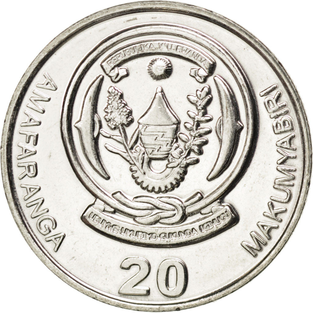RWANDA, 20 Francs, 2003, KM #25, MS(63), Nickel Plated Steel, 20, 3.52