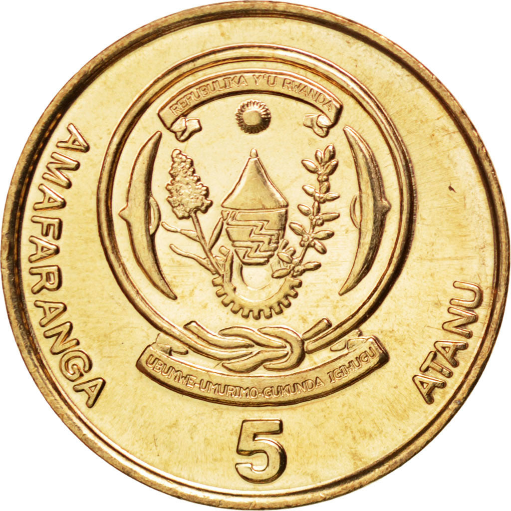 RWANDA, 5 Francs, 2003, KM #23, MS(63), Brass Plated Steel, 20, 2.98