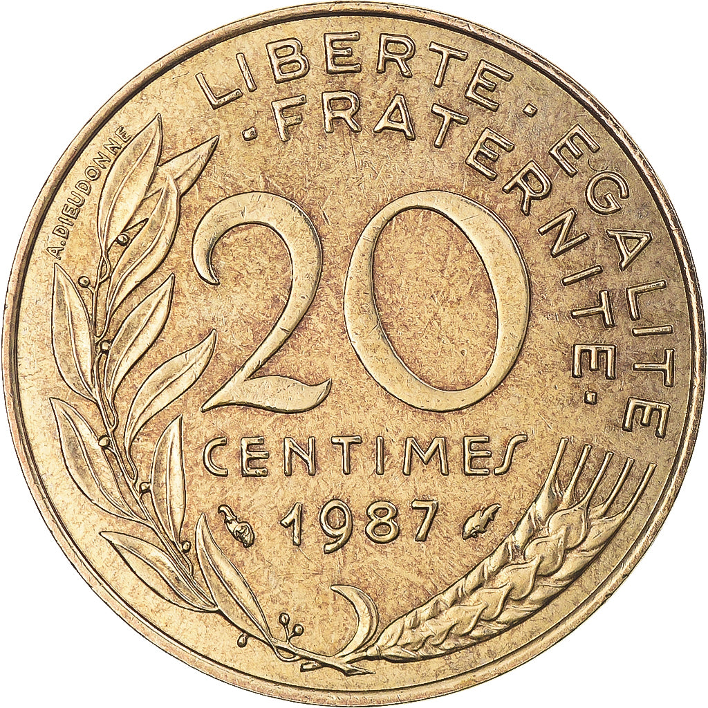 Moneta, Francja, Marianne, 20 Centimes, 1987, Paris, EF(40-45), Aluminium-Brąz