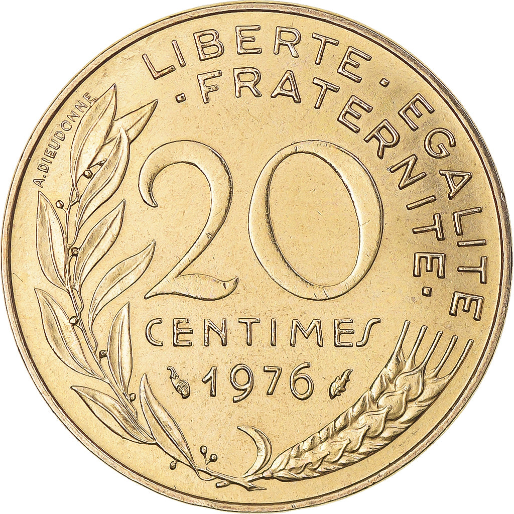 Moneta, Francja, Marianne, 20 Centimes, 1976, Paris, AU(55-58), Aluminium-Brąz