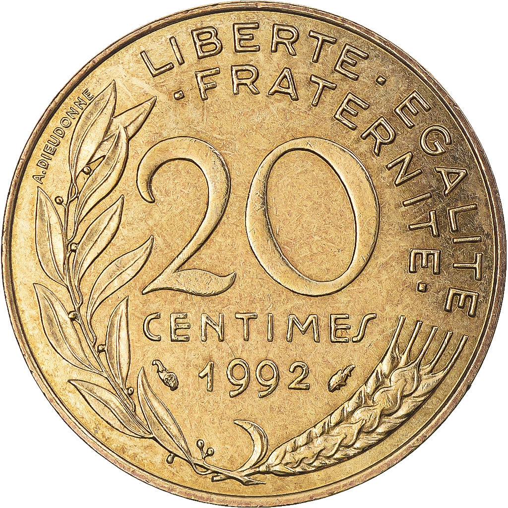 Moneda, Francia, Marianne, 20 Centimes, 1992, MBC, Aluminio - bronce, KM:930