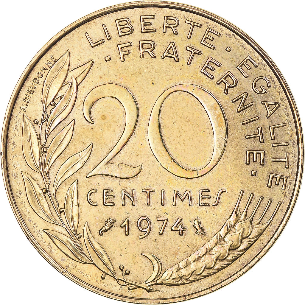 Moneta, Francja, Marianne, 20 Centimes, 1974, Paris, AU(50-53), Aluminium-Brąz