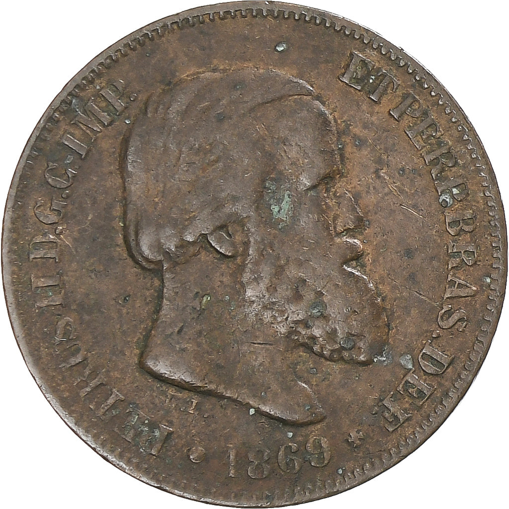 Munten, Brazilië, Pedro II, 10 Reis, 1869, FR+, Bronzen, KM:473