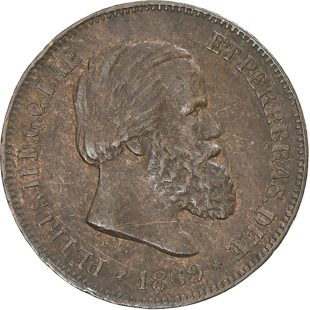 Coin, Brazil, Pedro II, 10 Reis, 1869, EF(40-45), Bronze, KM:473