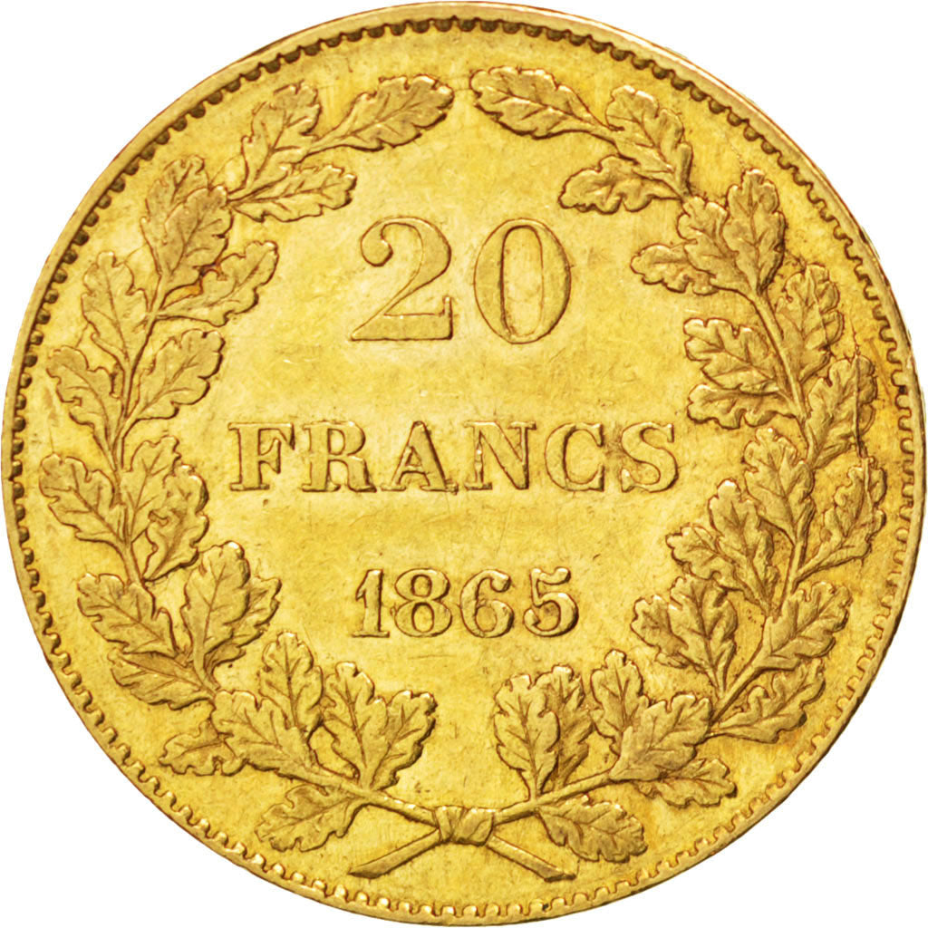 BELGIUM, 20 Francs, 20 Frank, 1865, KM #23, AU(50-53), Gold, 6.44