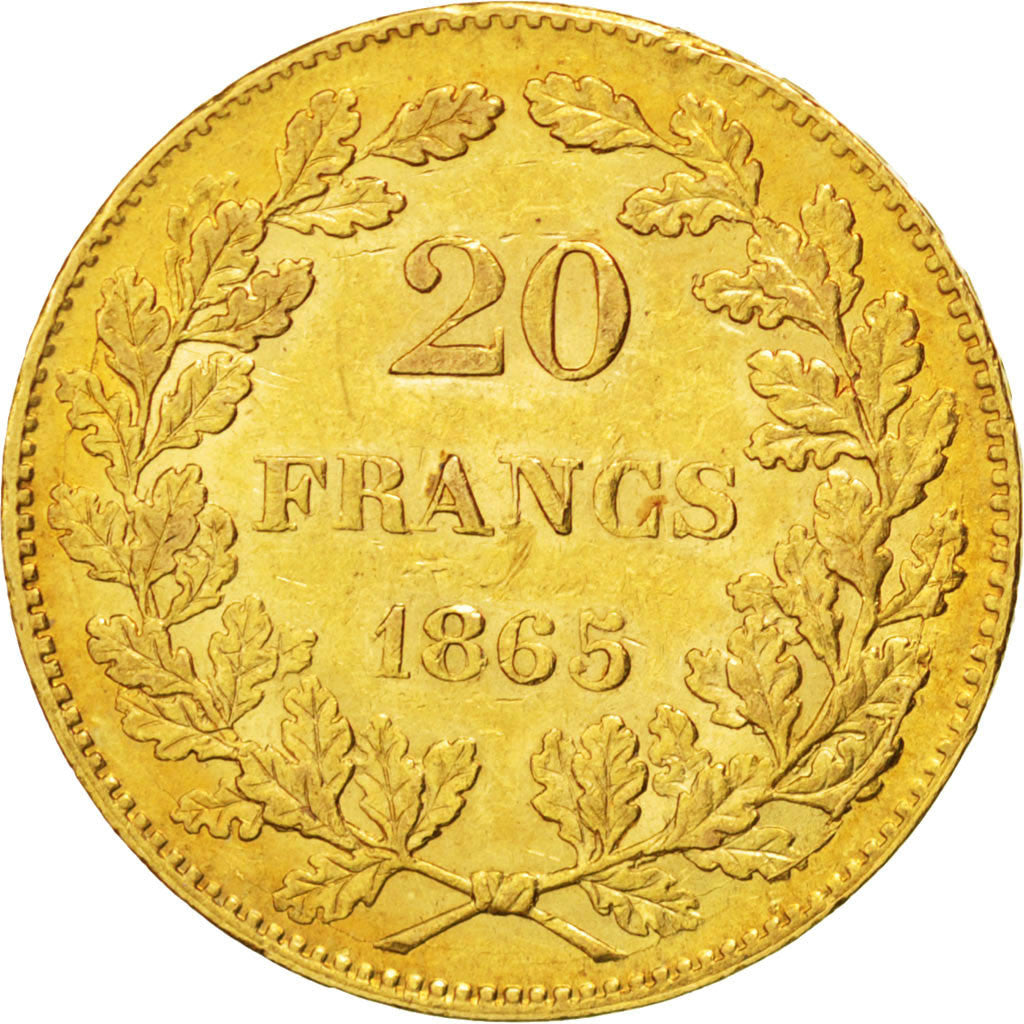 BELGIUM, 20 Francs, 20 Frank, 1865, KM #23, AU(50-53), Gold, 6.45