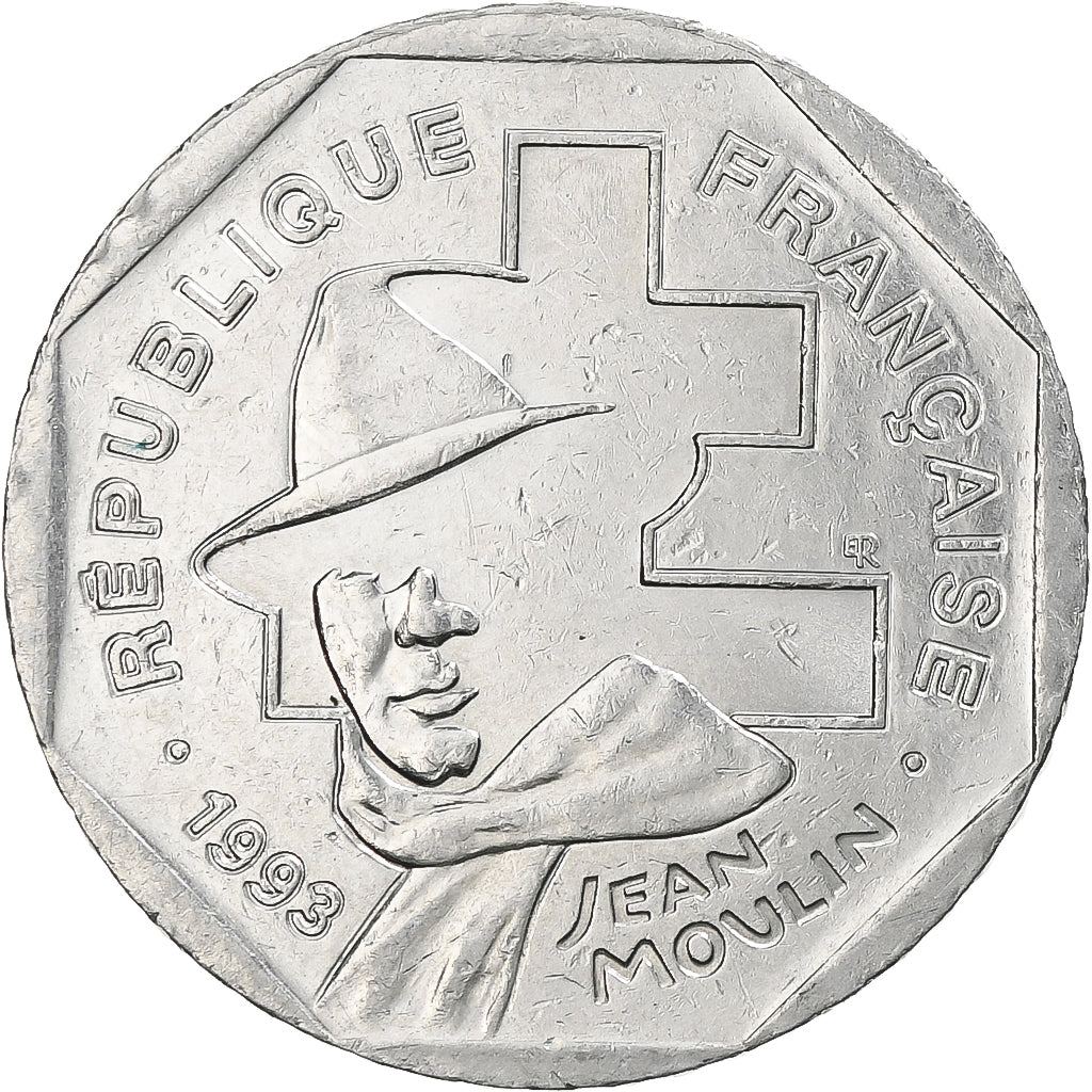 France, 2 Francs, Jean Moulin, 1993, Paris, Nickel, AU(50-53), Gadoury:547