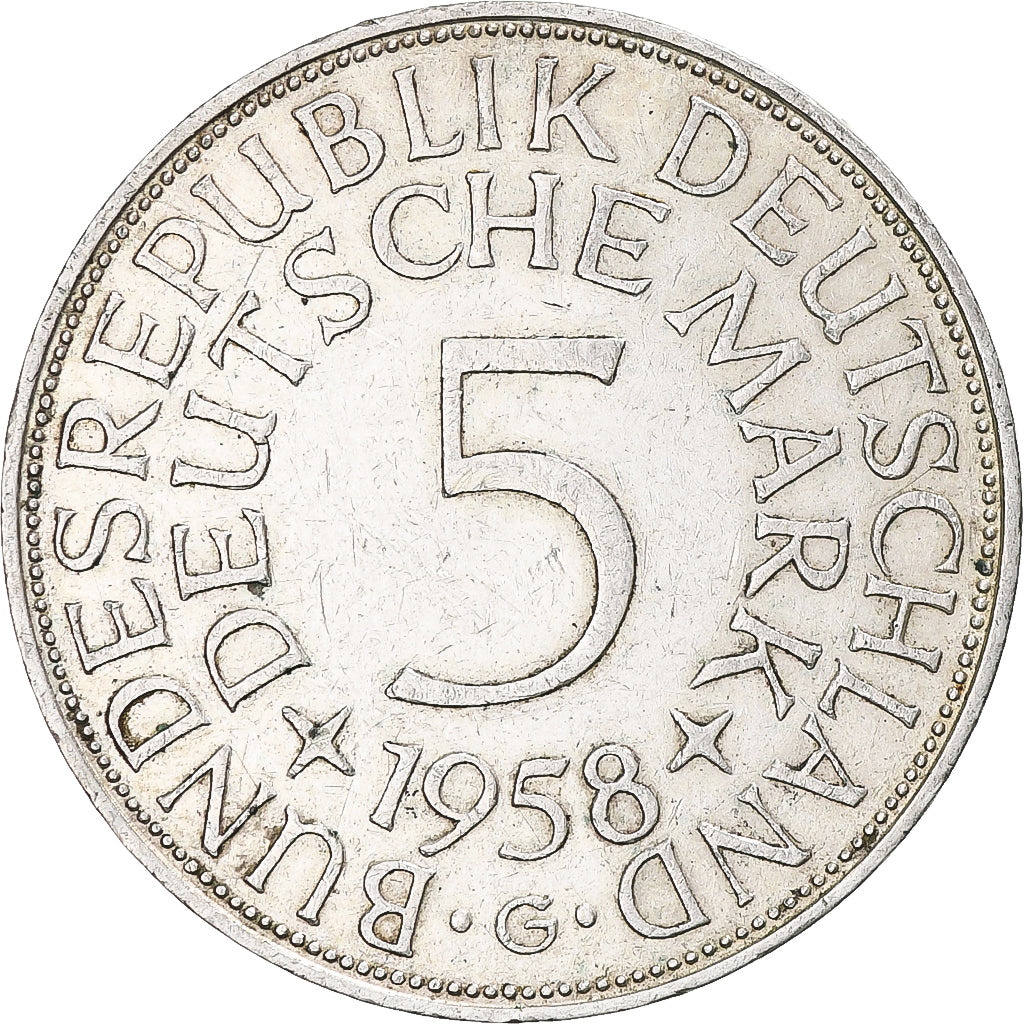 Coin, GERMANY - FEDERAL REPUBLIC, 5 Mark, 1958, Karlsruhe, EF(40-45), Silver