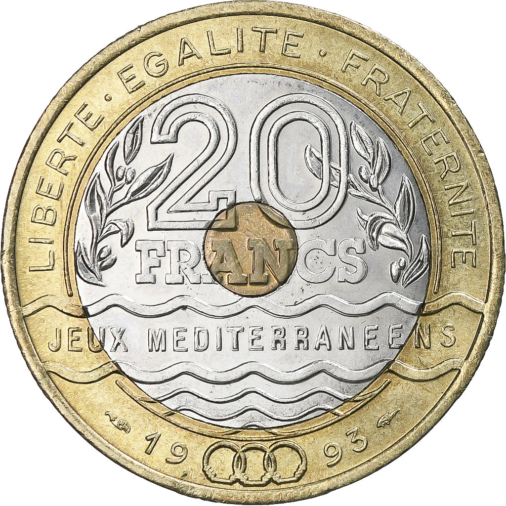 Coin, France, Jeux Méditerranéens, 20 Francs, 1993, AU(55-58), Tri-Metallic