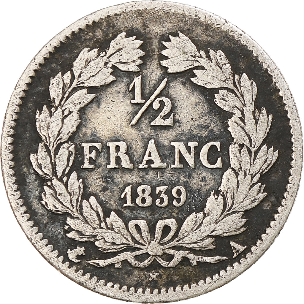 Moneta, Francia, Louis-Philippe, 1/2 Franc, 1839, Paris, MB, Argento, KM:741.1