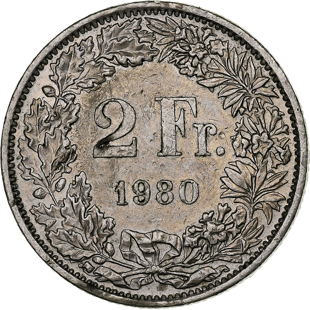 Switzerland, 2 Francs, 1980, Bern, Copper-nickel, EF(40-45), KM:21a.1