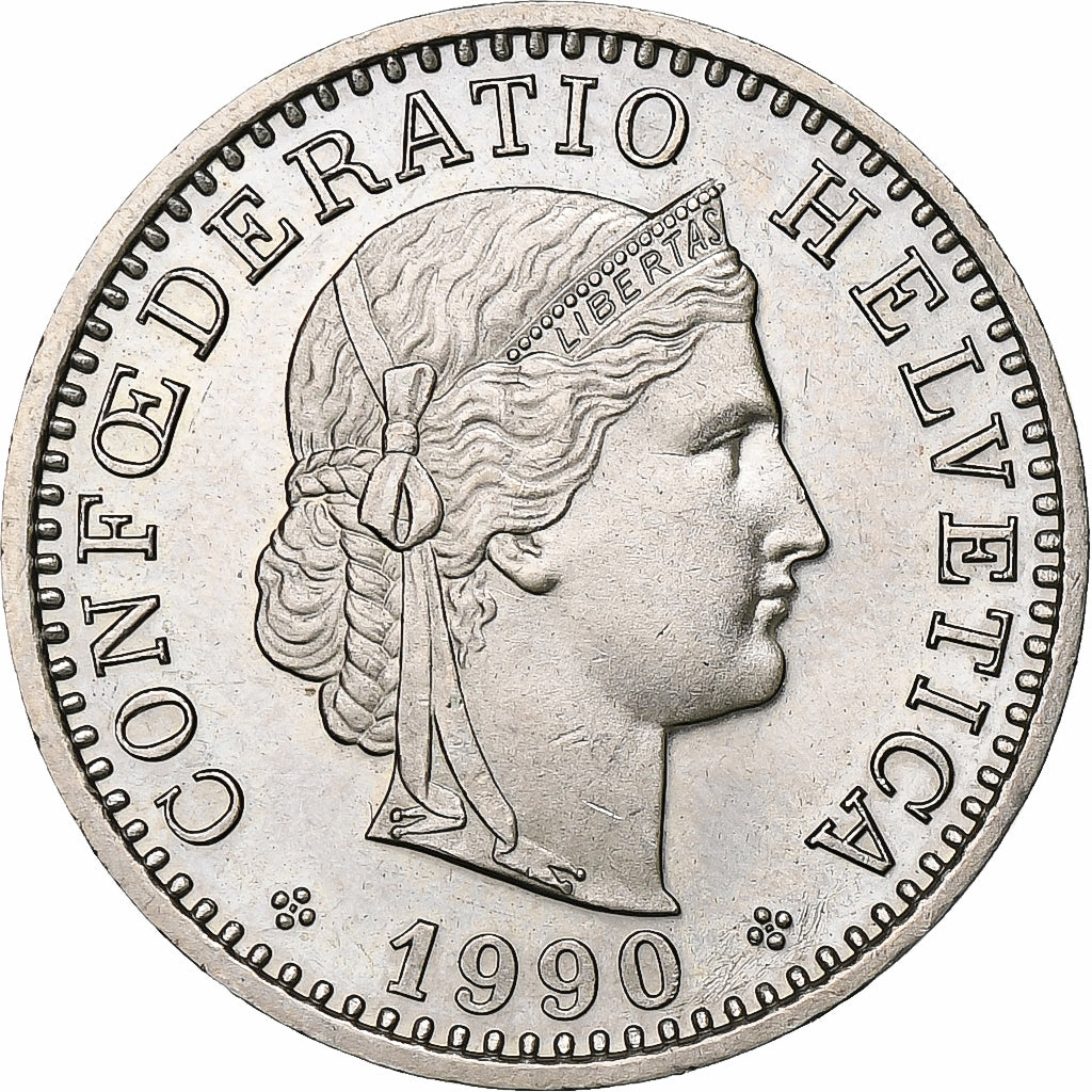 Switzerland, 20 Rappen, 1990, Bern, BE, Copper-nickel, MS(63), KM:29a