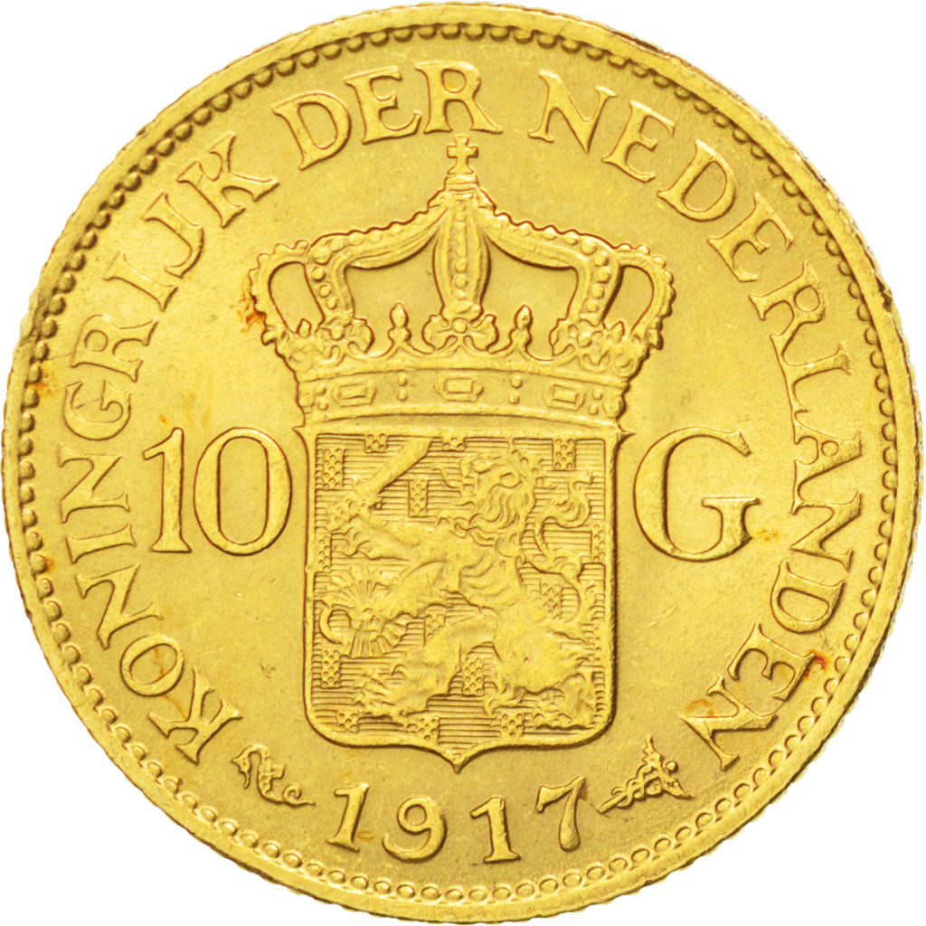 NETHERLANDS, 10 Gulden, 1917, KM #149, AU(55-58), Gold, 22.5, 6.71