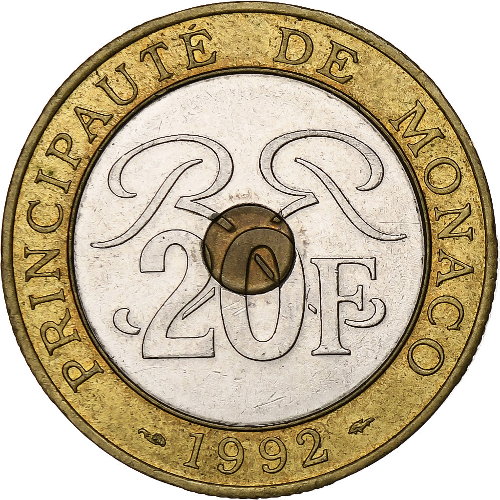 Monaco, Rainier III, 20 Francs, 1992, Tri-Metallic, AU(55-58), Gadoury:MC 161