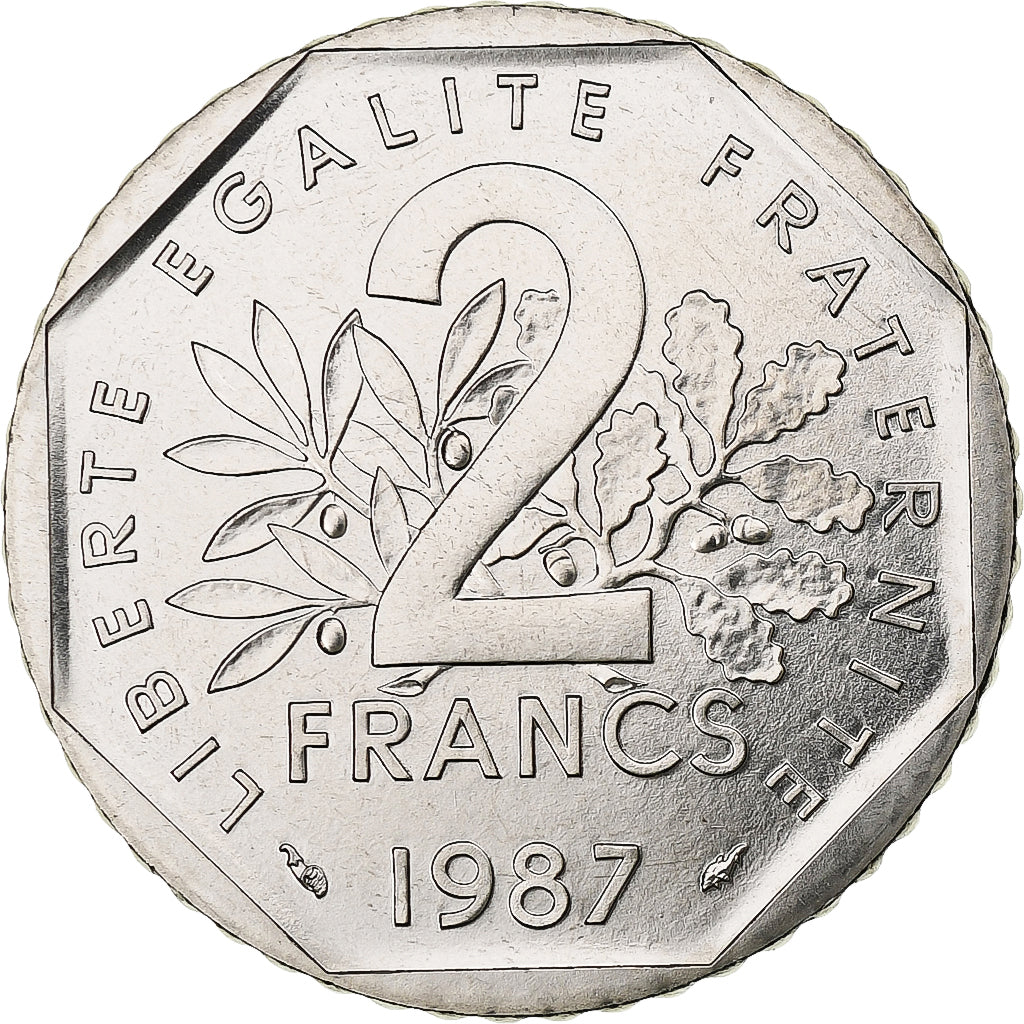 Francja, 2 Francs, Semeuse, 1987, Paris, FDC, Nikiel, MS(65-70), Gadoury:547