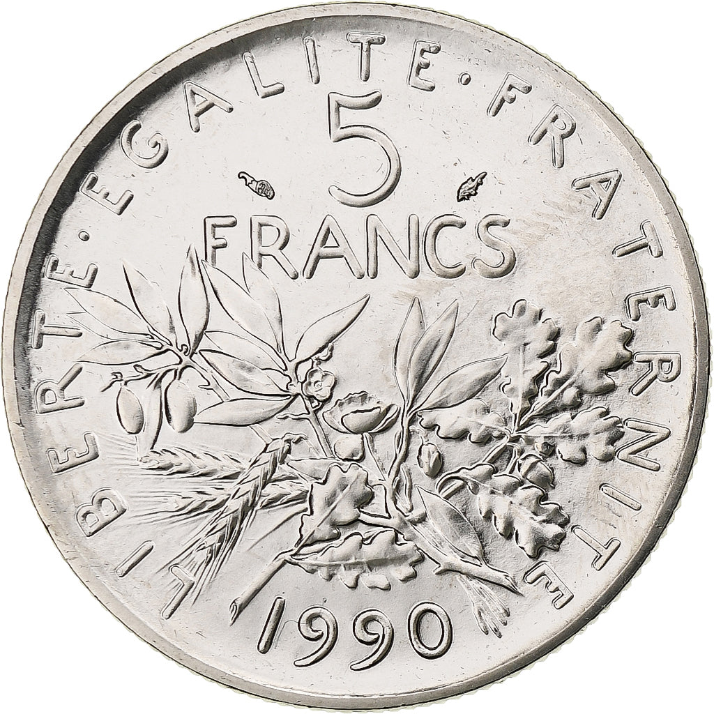 France, 5 Francs, Semeuse, 1990, Paris, FDC, Nickel Clad Copper-Nickel