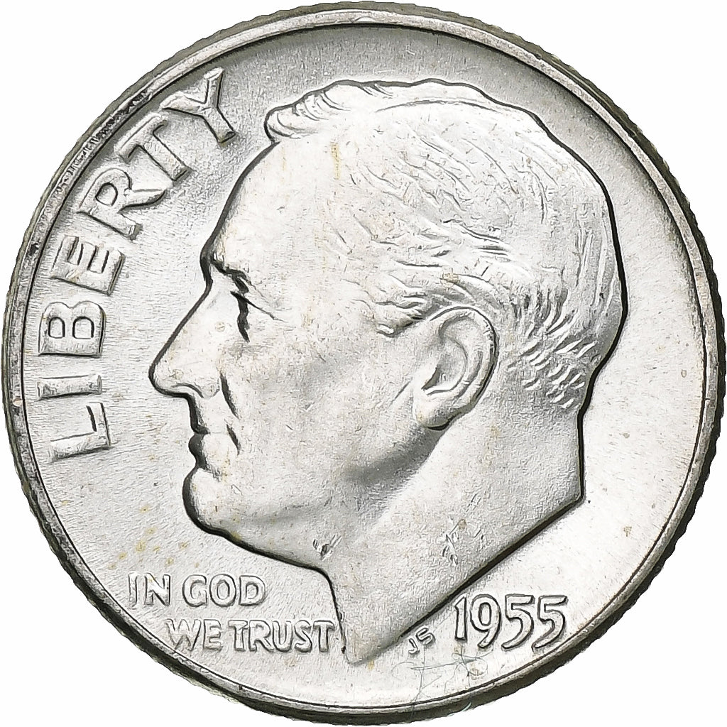 United States, Dime, Roosevelt Dime, 1955, U.S. Mint, BU, Silver, MS(63), KM:195