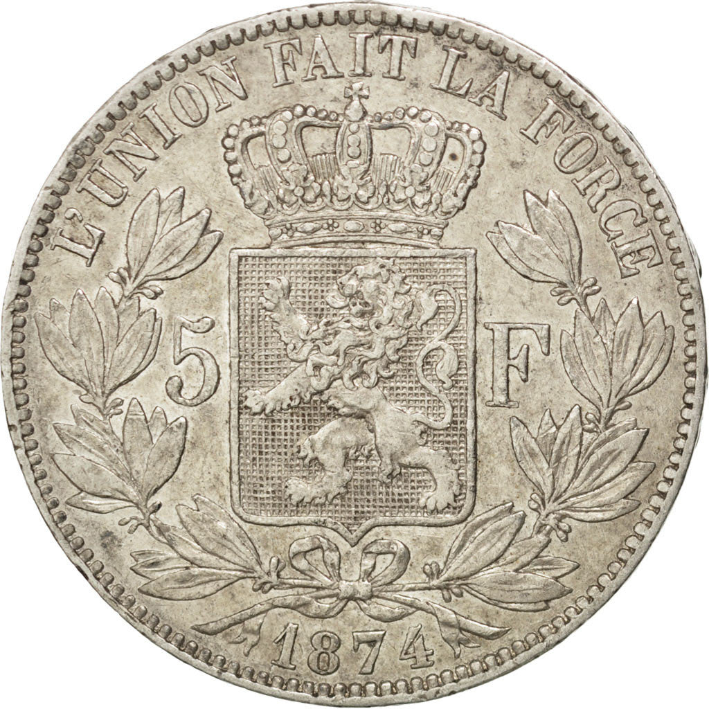 BELGIUM, 5 Francs, 5 Frank, 1874, KM #24, EF(40-45), Silver, 24.88