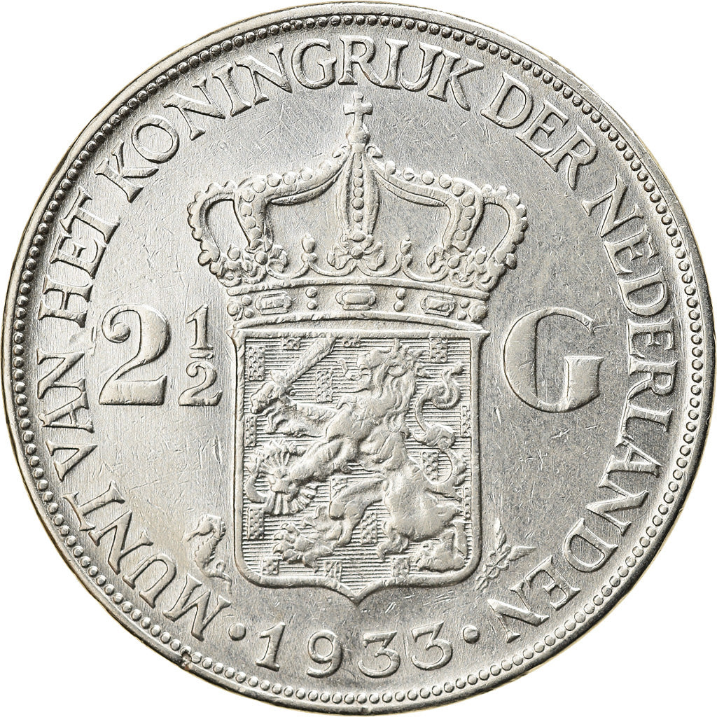 Coin, Netherlands, Wilhelmina I, 2-1/2 Gulden, 1933, AU(50-53), Silver, KM:165