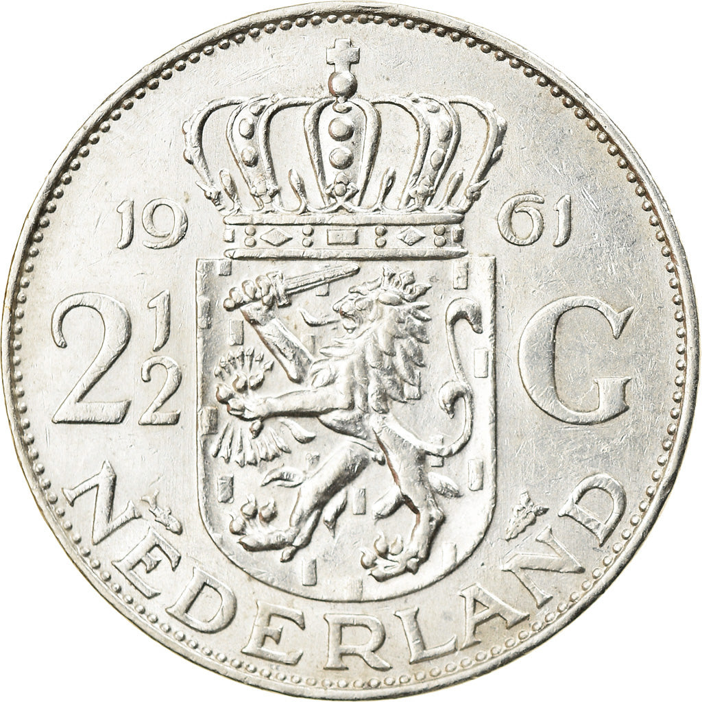 Coin, Netherlands, Juliana, 2-1/2 Gulden, 1961, EF(40-45), Silver, KM:185