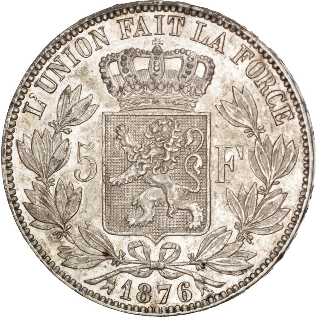 BELGIUM, 5 Francs, 5 Frank, 1876, KM #24, AU(50-53), Silver, 24.89