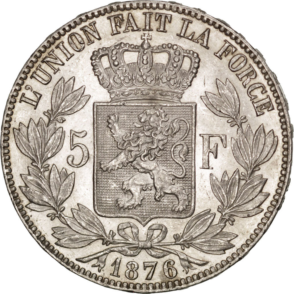 BELGIUM, 5 Francs, 5 Frank, 1876, KM #24, AU(55-58), Silver, 25.05